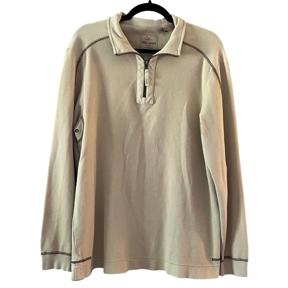 Tommy Bahama Beige Quarter Zip‎ Pullover Men's M 100% Cotton Resort Neutral